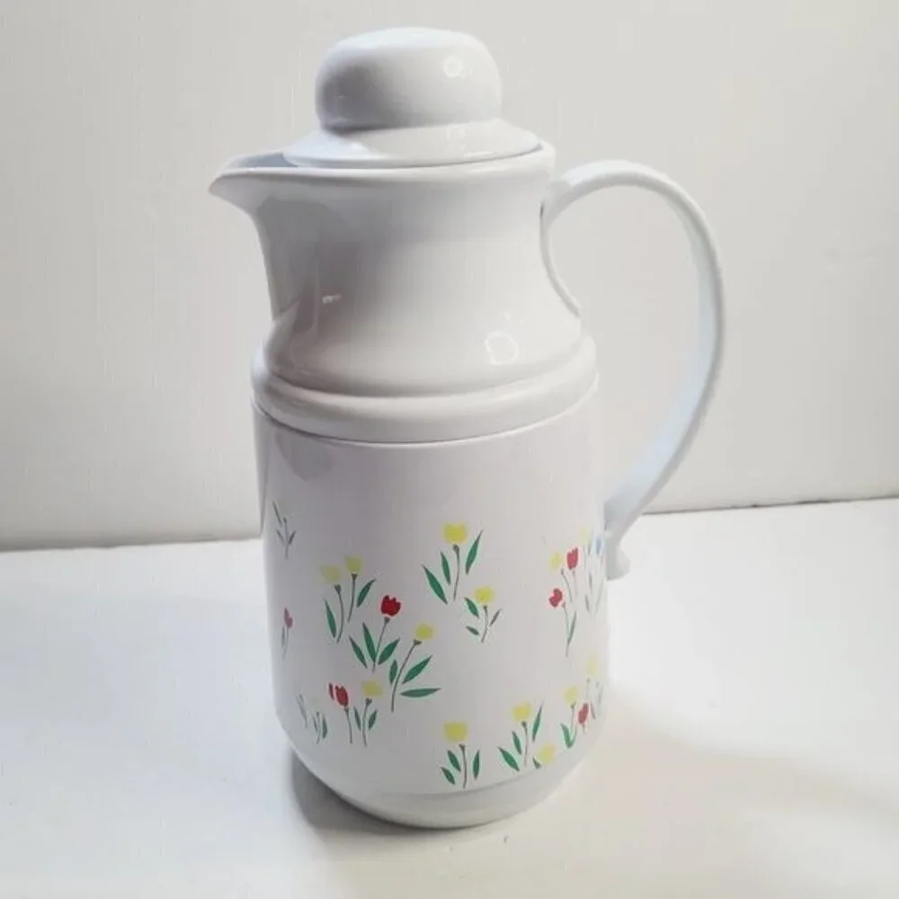 Vintage 80s Phoenix Insulated Thermal Carafate White Floral Tulip with Lid